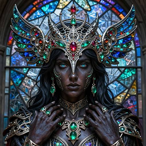 Dark-skinned queen with glowing blue eyes, adorned in ornate, jeweled crown and armor, hands on chest, standing before colorful stained glass window