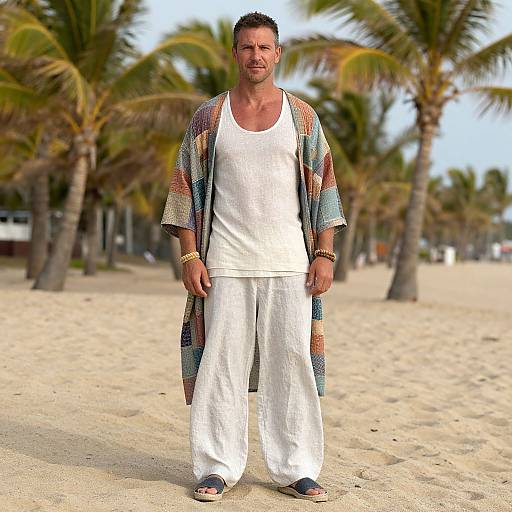 Photograph of a fit, middle-aged man with short dark hair, wearing a white tank top, loose white pants, and a colorful patterned kim