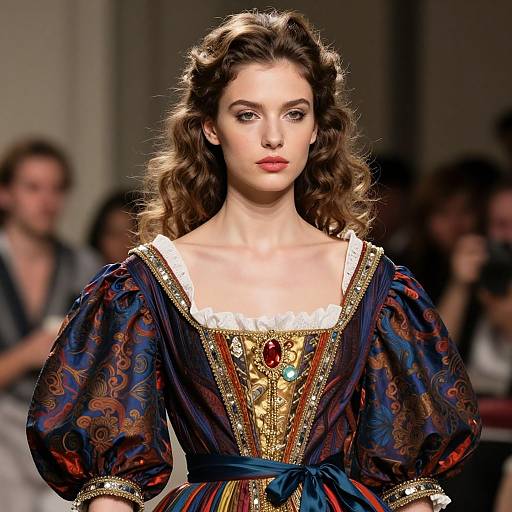 Photograph of a fair-skinned woman with wavy brown hair, wearing an ornate Renaissance-style dress with blue, gold, and red patterns,