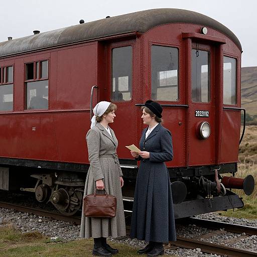 Photograph of two women in vintage attire standing beside a red vintage train carriage; one holds a brown handbag, the other a paper. Both wear