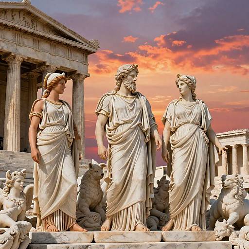 Photograph of three classical Greek statues in white marble, adorned in flowing robes, standing before a grand temple with a vibrant, purple-orange sunset sky.