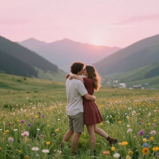 Couple Embracing in Mountain Meadow