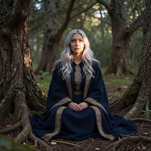 Photorealistic digital artwork of a white-haired woman in a black, gold-trimmed medieval robe, sitting between forest trees with sunlight filtering through.