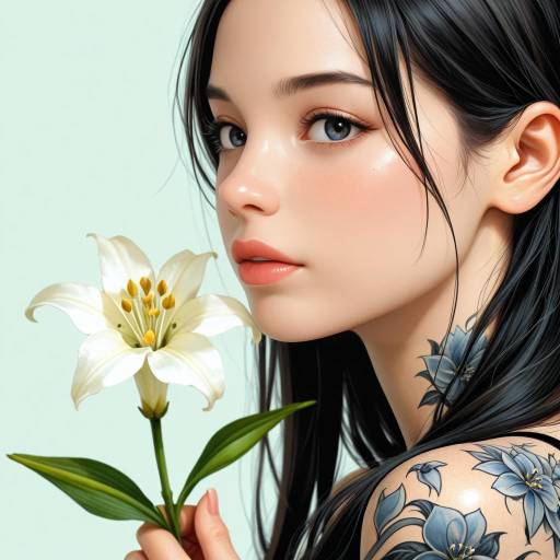 Young Woman with Blue Flower Tattoos Holding White Lily