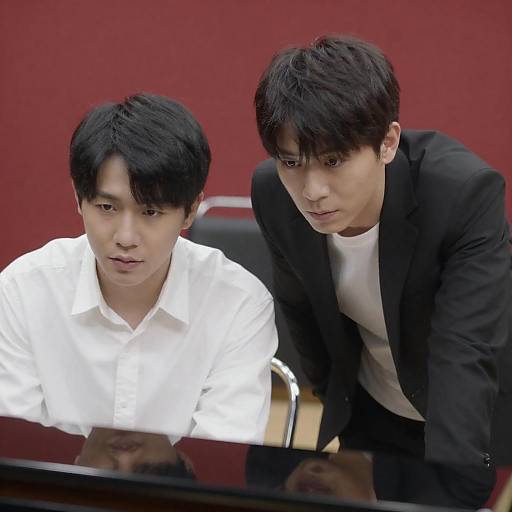 Two Asian Men Leaning Over Piano Indoors