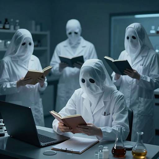 Photograph of five people in white lab coats and ghost masks, reading books in a dimly lit laboratory, with a laptop and glassware on the