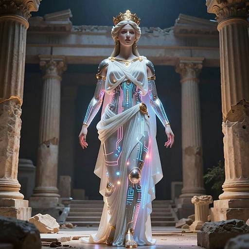 Digital art of a regal, fair-skinned woman with glowing, neon-patterned dress, white toga, golden crown, standing in ancient ruins
