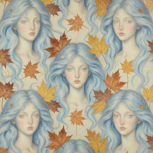 Digital drawing of a pale-skinned, blue-haired woman with wavy hair, surrounded by autumnal orange and brown leaves, repeating pattern.
