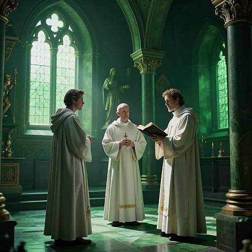 Photograph of three clergy in a dimly lit, Gothic-style church. Two in beige robes face a bald bishop in white, holding a book.