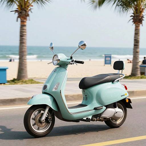 Photograph of a light blue Vespa scooter on a coastal road, with palm trees, beach, and ocean in the background.
