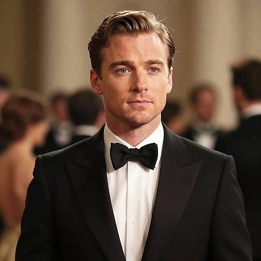 Photograph of a handsome, fair-skinned man with short brown hair, wearing a black tuxedo and bow tie, standing in a blurred,