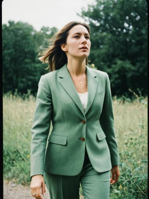 Candid Outdoor Photo of Woman in Sage Green Suit