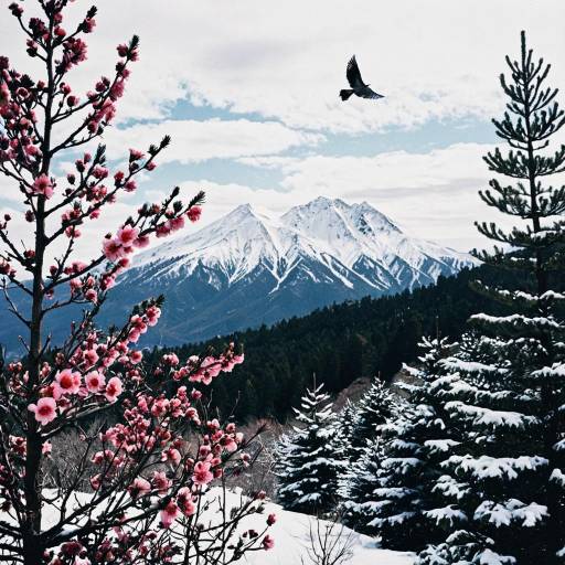Snowy Mountain Landscape with Blossoming Tree and Flying Bird