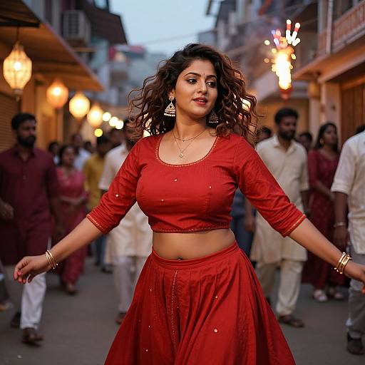 Photograph of a confident South Asian woman with curly hair, wearing a red traditional outfit, dancing in a bustling evening street.