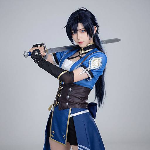 Digital artwork of a young woman with long black hair, blue and black military-style outfit, holding a sword over her shoulder.
