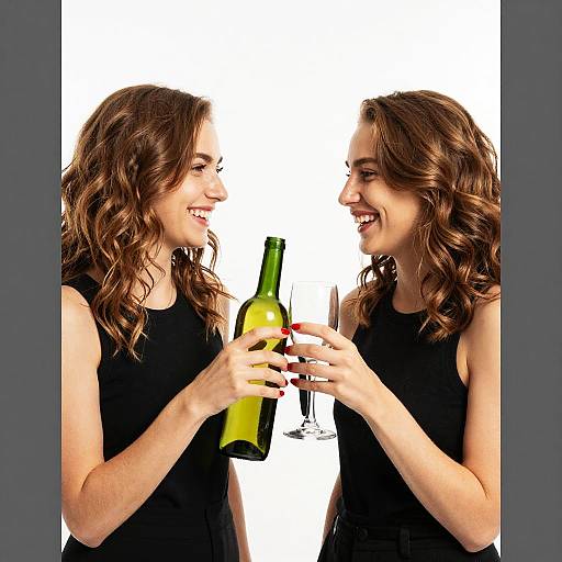 Photograph of two smiling women with wavy brown hair, wearing black sleeveless tops, clinking a green bottle and a champagne flute against a white