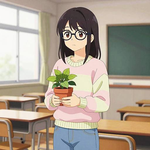 Anime Girl Holding Potted Plant in Classroom