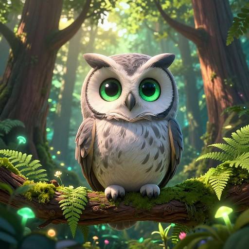 Digital artwork of a cute, large-eyed, gray and white owl with bright green eyes perched on a mossy tree branch in a sunlit,