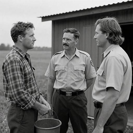 Black-and-White: Three Men by Shed