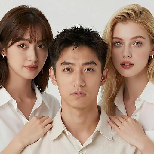 Portrait of Young Multiracial Trio in White Shirts