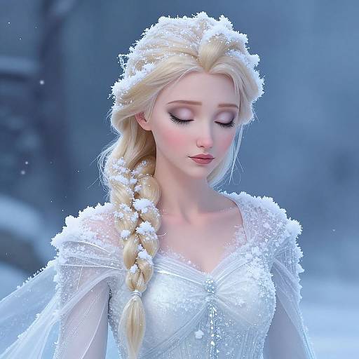 Digital art of Elsa from Frozen, with snow-covered blonde braid, closed eyes, white icy dress, and frosty blue background.
