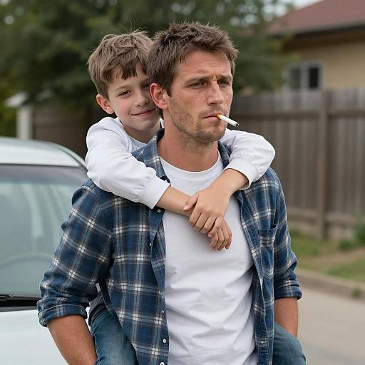 Father with Cigarette and Son Hugging Outdoors