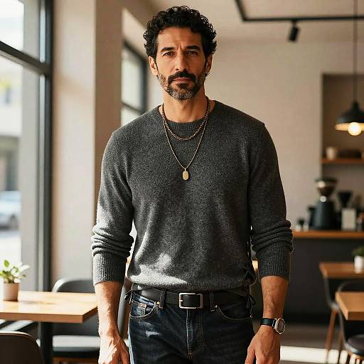 Man in Charcoal Cashmere Sweater in Café