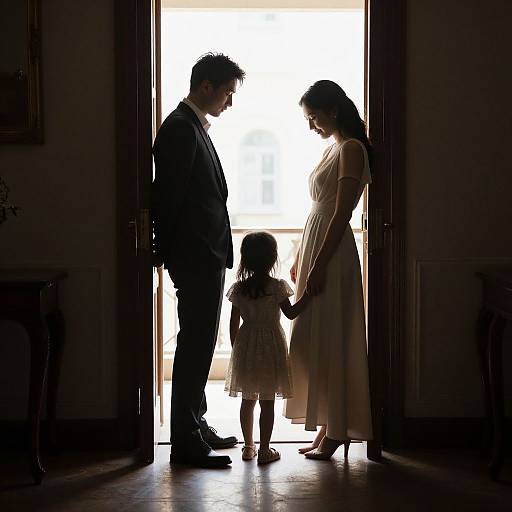 Silhouetted photograph of a man, woman, and young girl standing in a doorway, backlit by bright sunlight, holding hands.