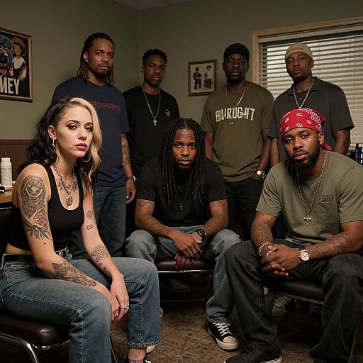 Photograph of six diverse individuals in a room, five Black men and one White woman with tattoos, seated and standing, wearing casual clothes, with framed