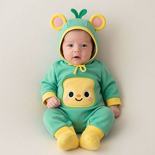 Photograph of a baby in a green and yellow animal onesie with bear ears, smiling, sitting against a white background.