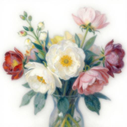 Watercolor-style floral bouquet with white, pink, and red flowers, yellow centers, and green leaves, set against a bright white background.