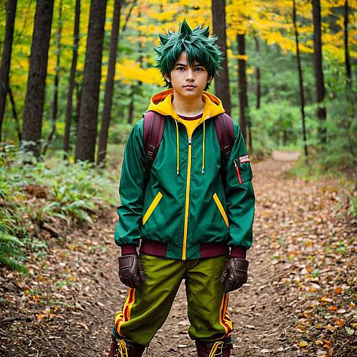 Young Male Deku Cosplay in Autumn Forest