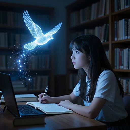 Photograph of a focused Asian woman with long black hair writing in a notebook, illuminated by a glowing, ethereal white dove with sparkling trails, in