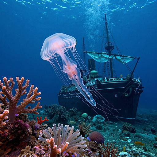 Photograph of a glowing jellyfish swimming beside an old, dark shipwreck amidst a vibrant underwater coral reef, illuminated by blue ocean light.