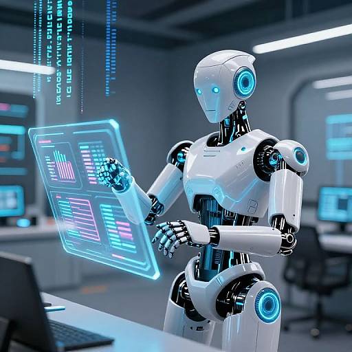 Digital illustration of a futuristic white humanoid robot with blue glowing eyes and joints, using a holographic interface in a high-tech lab.