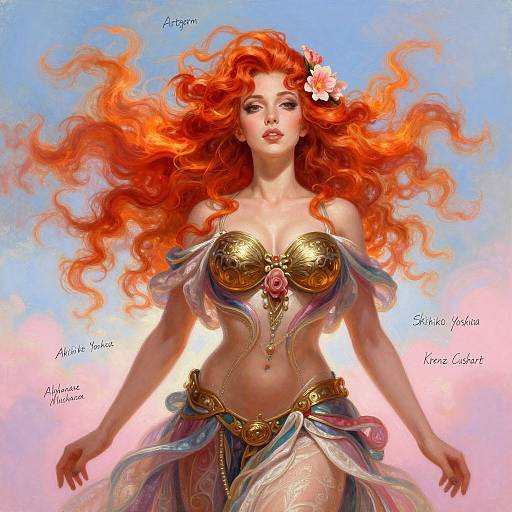 Digital painting of a voluptuous, red-haired fairy with flowing hair, wearing a gold-brass bikini top and translucent, pastel-colored skirt. Background