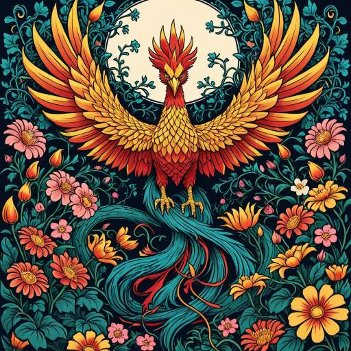 Mystical Phoenix Gardener Among Blooming Flowers