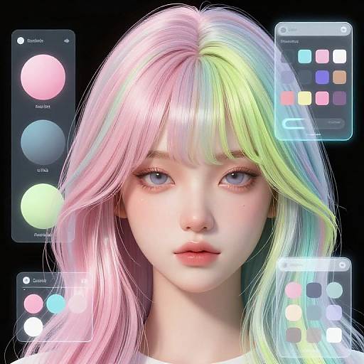 CGI digital portrait of a young woman with pastel pink and green hair, blue eyes, and soft features, surrounded by glowing smartphone icons.