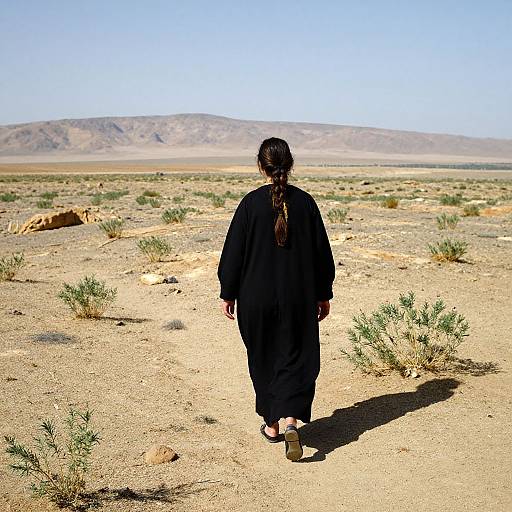 Photograph of a woman with long braided hair, wearing a black robe, walking away in a desert landscape with sparse vegetation and distant mountains under a