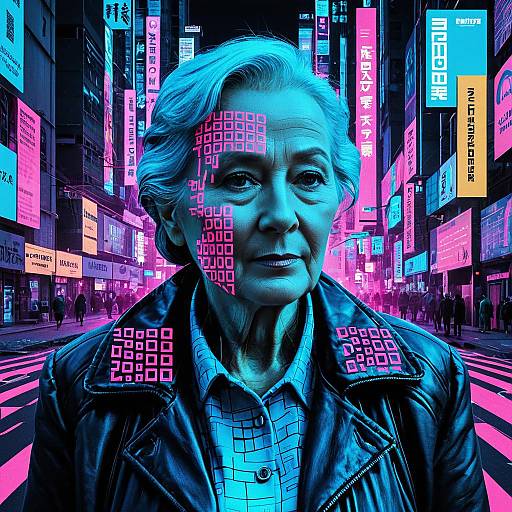 Cyberpunk Elderly Woman with Pixelated Patterns