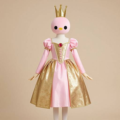 Photograph of a white, faceless doll wearing a gold crown, pink and gold princess dress with puffed sleeves, and a red gemstone bro