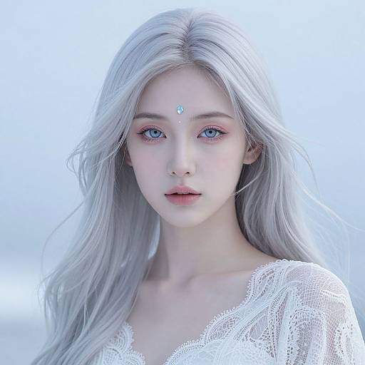 Digital artwork of a fair-skinned, blue-eyed, ethereal woman with long, silver hair, wearing a white lace top, and a central forehead