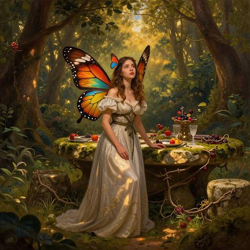 Fantasy painting of a fairy with orange and blue butterfly wings, in a lush forest, wearing a white, off-shoulder dress, seated at