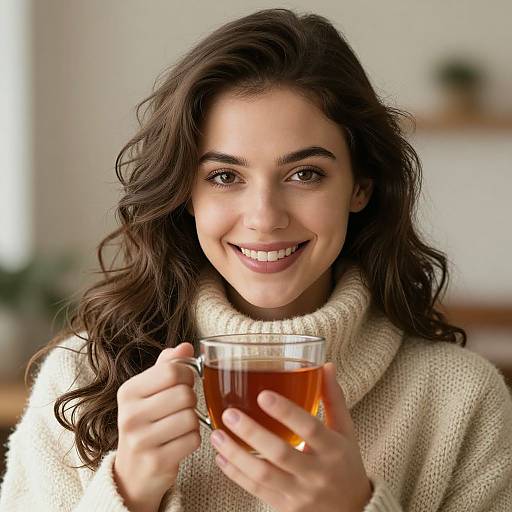 Photograph of a smiling woman with wavy brown hair, wearing a beige turtleneck sweater, holding a glass of amber tea.