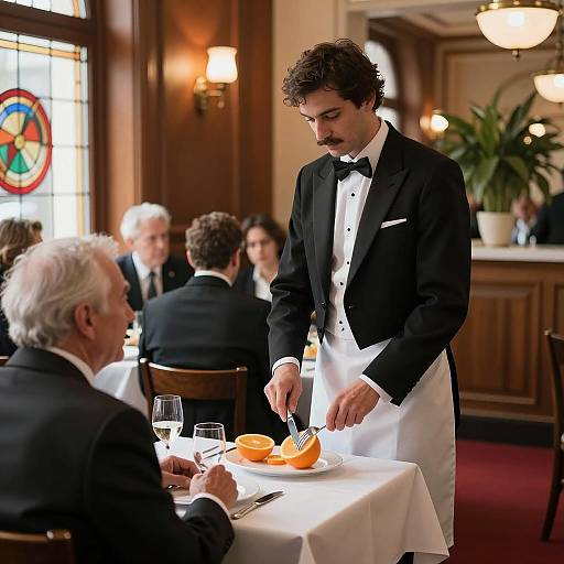 Elegant Dining Scene with Waiter and Guest
