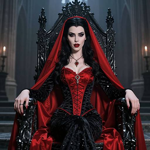 Photograph-style digital artwork: Gothic queen with pale skin, dark hair, red lipstick, red corset, black fur, throne, red veil,