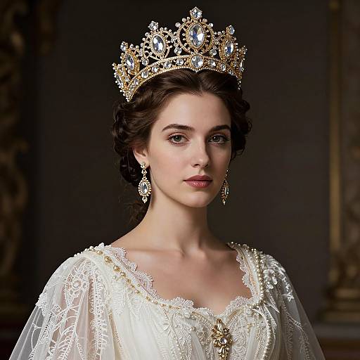 Photograph of a fair-skinned woman with dark brown hair, wearing an elaborate gold crown, white lace gown, and dangling earrings, against a dark