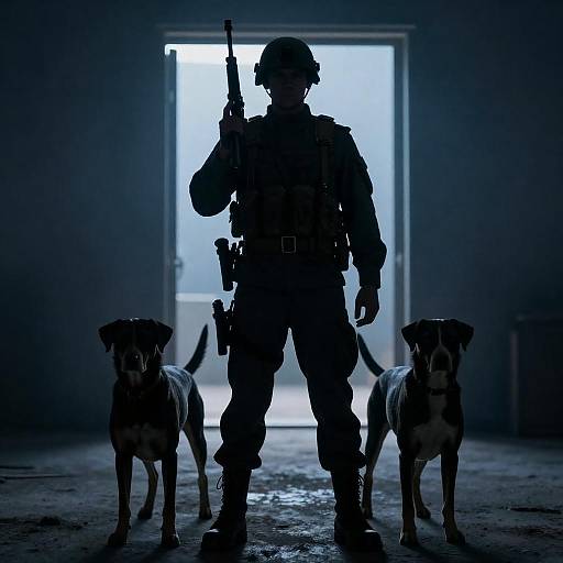 Dramatic Silhouette of Soldier and Dogs
