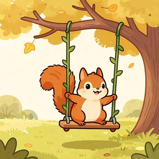 Adorable cartoon squirrel with a fluffy tail swings on a wooden swing, attached to a tree, in a vibrant autumn forest. Digital illustration.