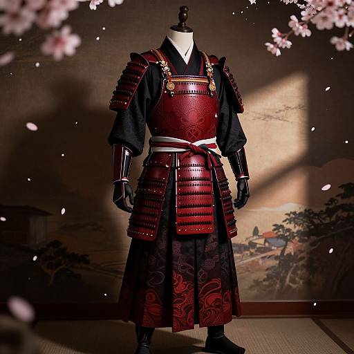Photograph of a mannequin in traditional Japanese samurai armor, red leather with black robe, white belt, set against cherry blossom backdrop.